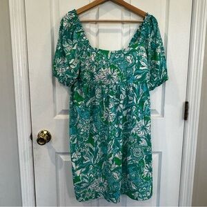 Lilly Pulitzer Delaney Dress Green White Floral Puff Sleeve Size 8 100% Cotton